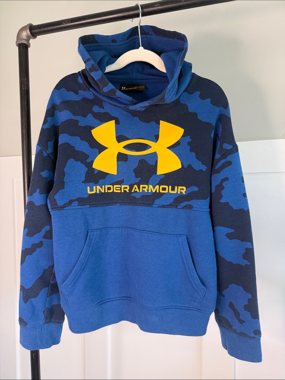 Under Armour Blue Camo Pullover Hoodie with Yellow Logo